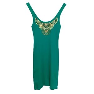 MODA INTERNATIONAL Green Ribbed Knit Dress Gold Sequin Y2K Small Bodycon
